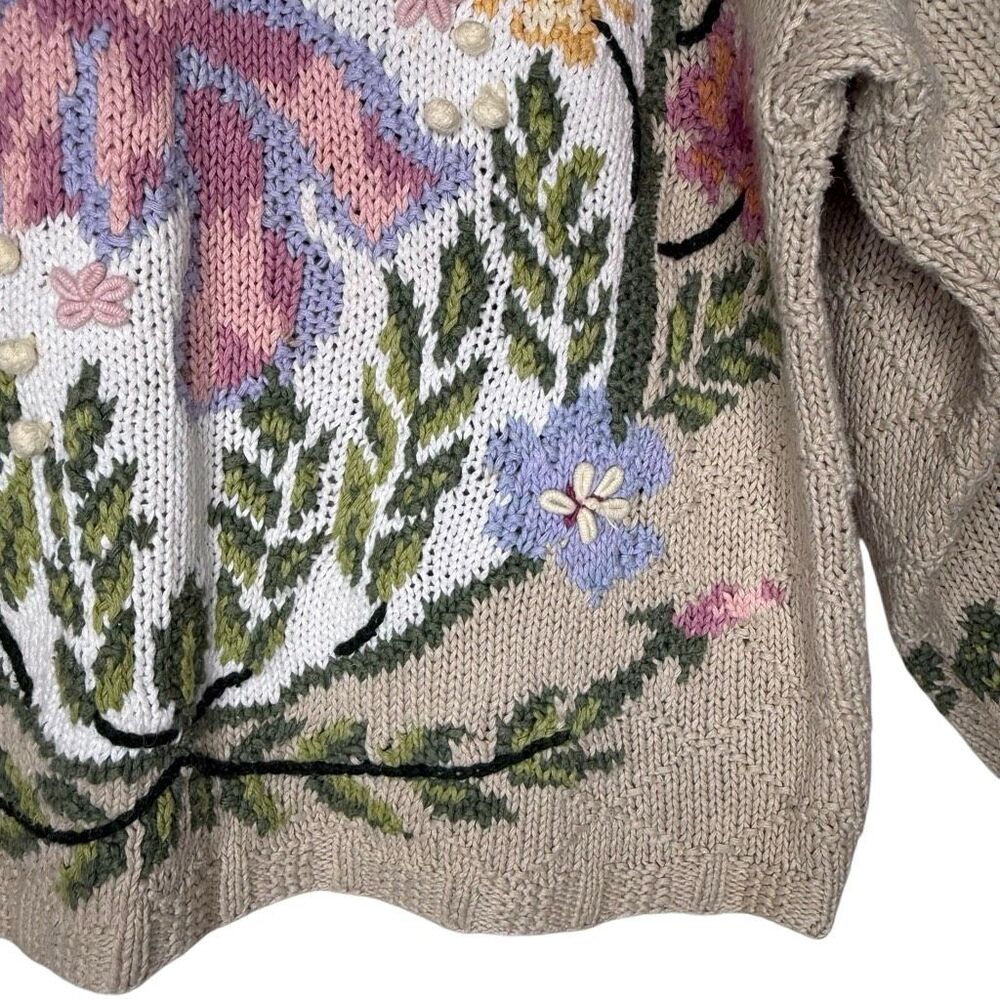 Vintage Rosanna Sweater Beige Floral Hand-knit Cotton Oversized Size L Slouchy - Picture 4 of 13